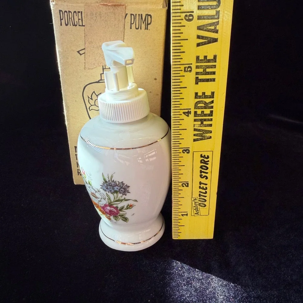 Vintage Interpur Porcelain Soap Dispenser Floral Gold Trim White Cottagecore